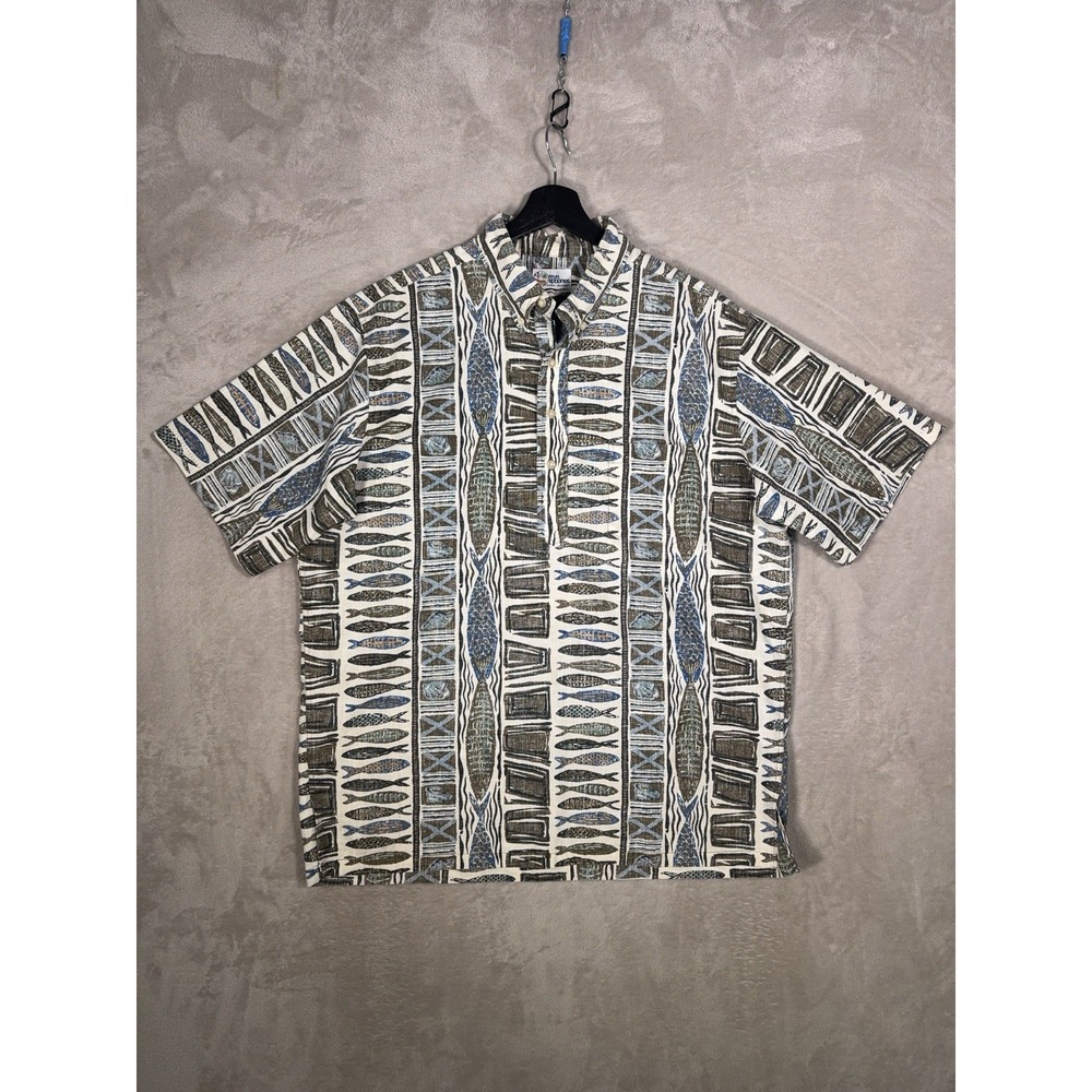 Reyn Spooner Aloha Shirt Mens Large Fish Tapa Print Hawaiian Polynesian Heritage